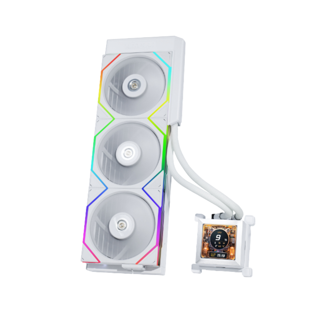 Lian Li HYDRO SHIFT LCD 360S WHITE liquid cooler for ultimate Gaming PC UAE, essential for Best Gaming PC Dubai builds by Venom Gaming.