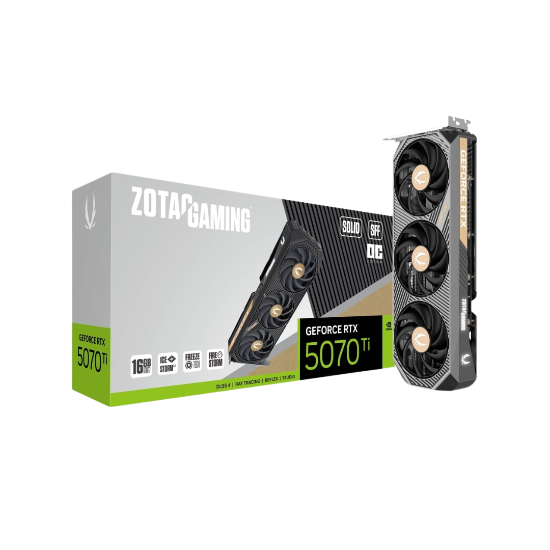 ZOTAC RTX 5070TI SOLID SFF OC 16GB graphics card for compact Gaming PC UAE, essential for Best Gaming PC Dubai builds by PC Builder by Venom Gaming.